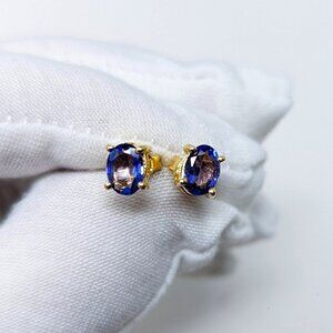 1.44ctw Oval Tanzanite Solitaire 18k Yellow Gold Over Sterling Silver Earrings
